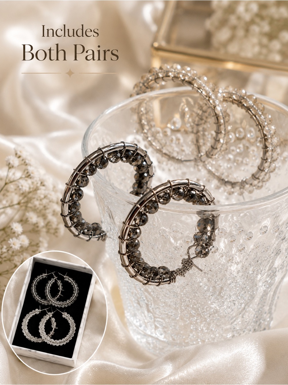 Crystal Hoop Earrings Bundle Includes Both Pairs Silver Tone Beaded Hoops